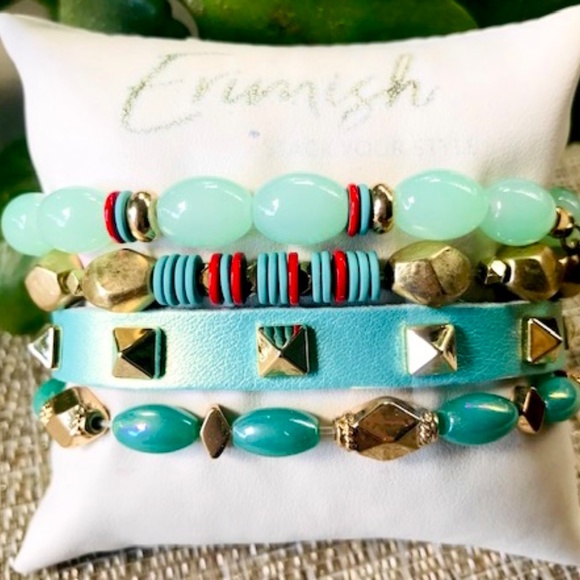 ERIMISH BRACELETS ⭐️ New SEA-MIST GOLD PYRAMID STUDDED LEATHER 4 PC STACK NWT - Picture 15 of 15